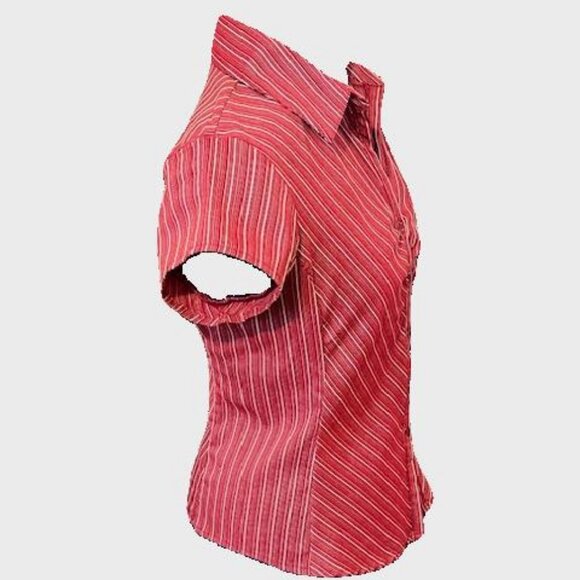 Red stretch fitted button down short sleeve shirt Y2K - Picture 2 of 6